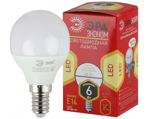 Лампочка светодиодная ЭРА RED LINE ECO LED P45-6W-827-E14 E14 / Е14 6Вт шар теплый белый свет