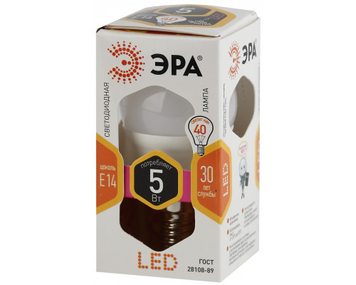 Лампочка светодиодная ЭРА STD LED P45-5W-827-E14 E14 / Е14 5Вт шар теплый белый свет