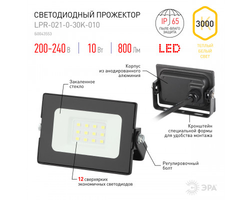 Прожектор светодиодный уличный ЭРА LPR-021-0-30K-010 10Вт 3000К 800Лм IP65