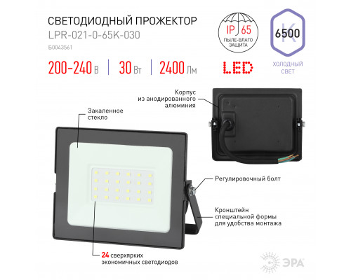 Прожектор светодиодный уличный ЭРА LPR-021-0-65K-030 30Вт 6500К 2400Лм IP65