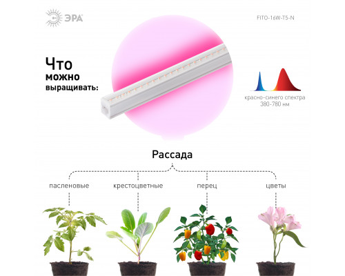 Светильник для растений, фитолампа светодиодная линейная ЭРА FITO-16W-Т5-N красно-синего спектра 16 Вт Т5