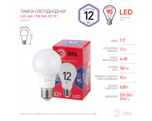 Лампочка светодиодная ЭРА RED LINE LED A60-12W-865-E27 R Е27 / E27 12 Вт груша холодный дневной свет  с доставкой по Санкт-Петербургу и по всей России.