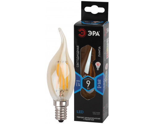 Лампочка светодиодная ЭРА F-LED BXS-9W-840-E14 gold Е14 / Е14 9Вт филамент свеча на ветру золотая нейтральный белый свет