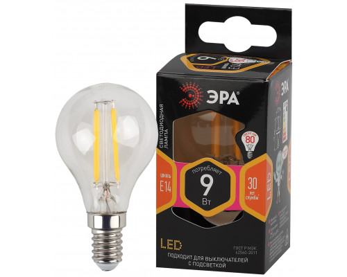 Лампочка светодиодная ЭРА F-LED P45-9w-827-E14 E14 / Е14 9Вт филамент шар теплый белый свет  с доставкой по Санкт-Петербургу и по всей России.