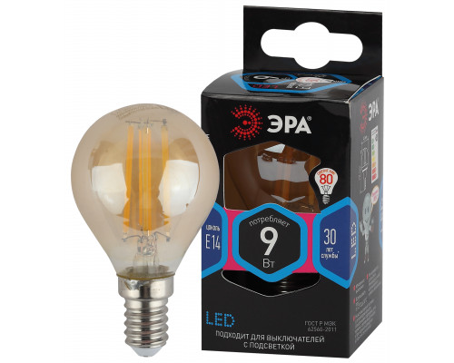 Лампочка светодиодная ЭРА F-LED P45-9W-840-E14 gold E14 / Е14 9Вт филамент шар золотистый нейтральный белый свет