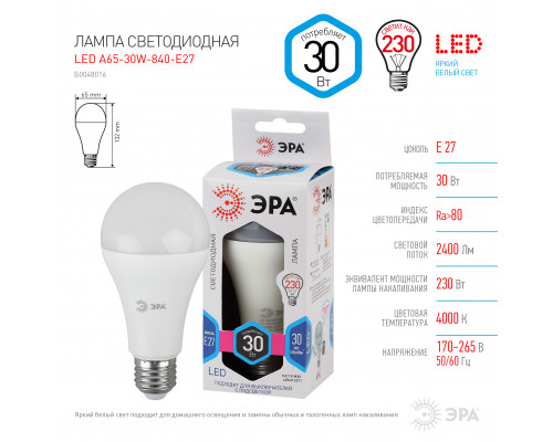 Лампочка светодиодная ЭРА STD LED A65-30W-840-E27 E27 / Е27 30Вт груша нейтральный белый свет
