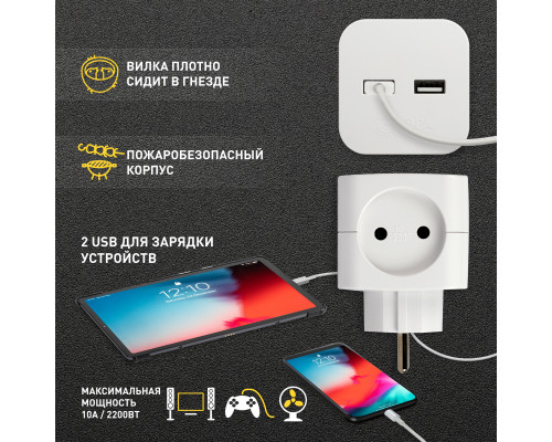 Разветвитель электрический ЭРА SP-2-USB-W на 2 розетки 220V + 2xUSB 2400mA, без заземл 10А (белый)