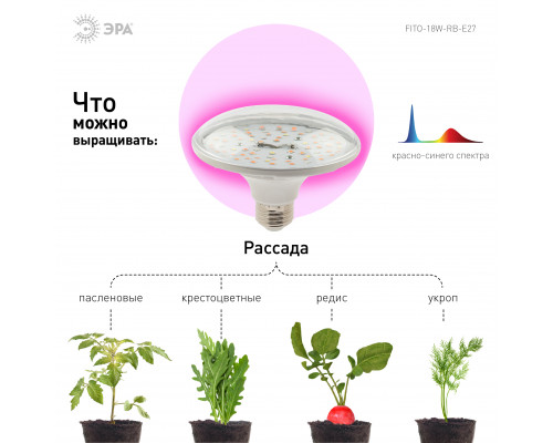 Фитолампа для растений светодиодная ЭРА FITO-18W-RB-E27 красно-синего спектра 18 ВТ Е27