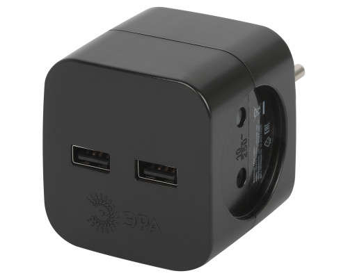 Разветвитель электрический ЭРА SP-2-USB-B на 2 розетки 220V + 2xUSB 2400mA, без заземл 10А (черный)