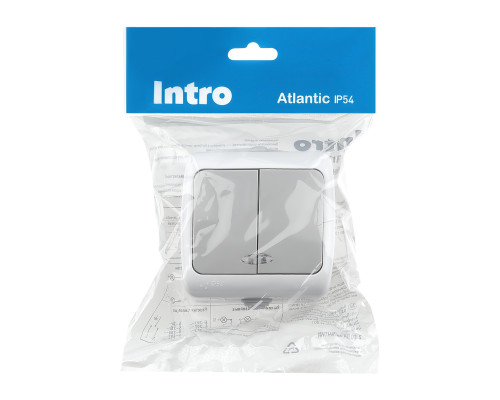 Выключатель Intro Atlantic 5-105-03 двойной с подсветкой, 10А-250В, IP54, открытой установки, серый