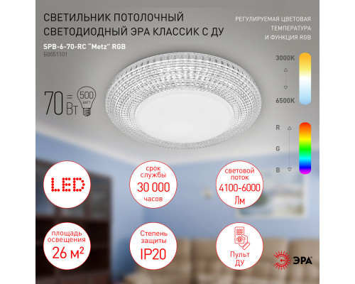 Светильник потолочный светодиодный ЭРА Классик с ДУ SPB-6-70-RC Metz RGB 70Вт 3400-5500К  с доставкой по Санкт-Петербургу и по всей России.