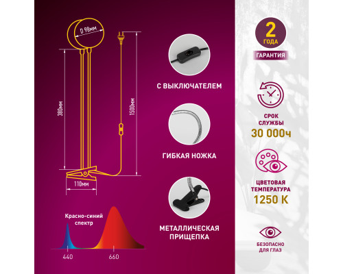 Светильник для растений на прищепке ЭРА FITO-20W-АLED-R красно-синего спектра 20 Вт черный