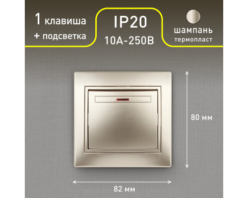 Выключатель Intro Plano 1-102-04 одноклавишный с подсветкой, 10А-250В, IP20, СУ, шампань