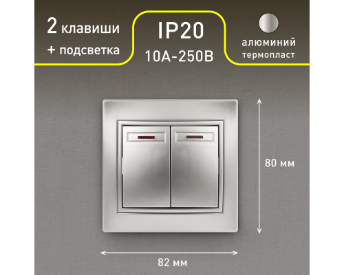 Выключатель Intro Plano 1-105-03 двухклавишный с подсветкой, 10А-250В, IP20, СУ, алюминий