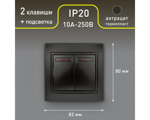 Выключатель Intro Plano 1-105-05 двухклавишный с подсветкой, 10А-250В, IP20, СУ, антрацит