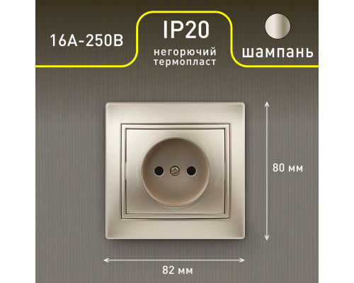 Розетка Intro Plano 1-201-04 без заземления 2P, 16А-250В, IP20, СУ, шампань