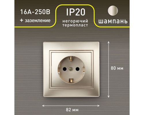 Розетка Intro Plano 1-202-04 с заземлением 2P+E Schuko, 16А-250В, IP20, СУ, шампань