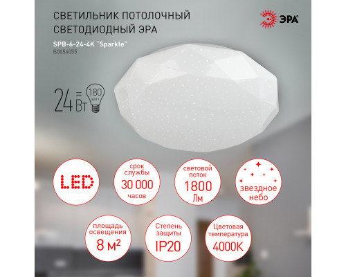 Светильник потолочный светодиодный ЭРА SPB-6-24-4K Sparkle без ДУ 24Вт 4000K