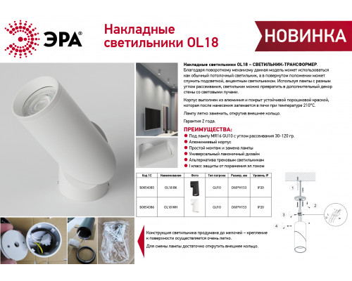 Светильник настенно-потолочный спот ЭРА OL18 WH MR16/GU10, белый