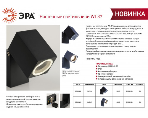 Декоративная подсветка ЭРА WL37 BK MR16/GU10, черный, для интерьера, фасадов зданий