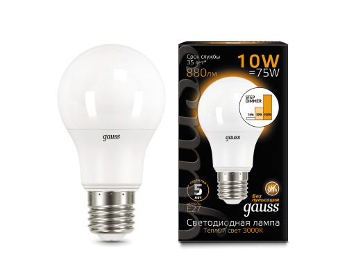 Лампа Gauss LED A60 10W E27 2700K step dimmable