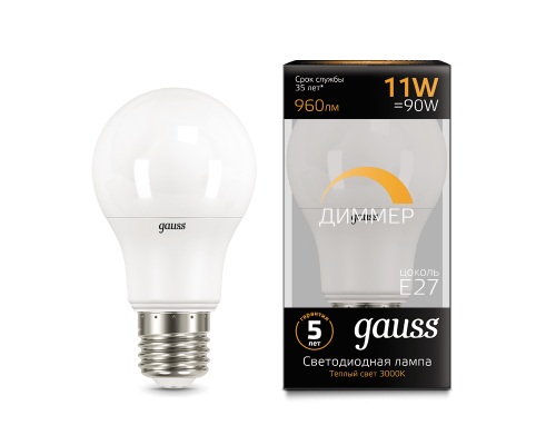 Лампа Gauss LED A60-dim E27 11W 3000К диммируемая