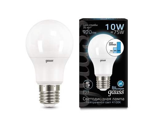 Лампа Gauss LED A60 10W E27 4100K step dimmable