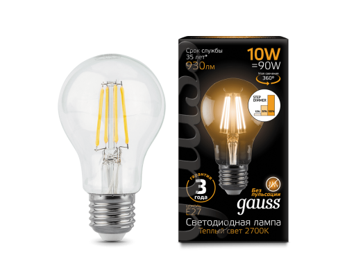 Лампа Gauss LED Filament A60 E27 10W 2700К step dimmable