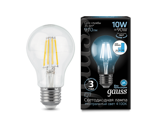 Лампа Gauss LED Filament A60 E27 10W 4100К step dimmable