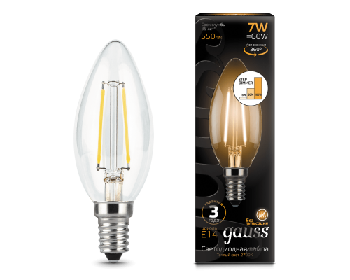 Лампа Gauss LED Filament Candle E14 7W 2700К step dimmable