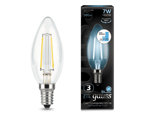 Лампа Gauss LED Filament Candle E14 7W 4100К step dimmable