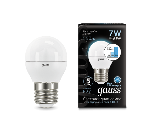 Лампа Gauss LED Globe E27 7W 4100K step dimmable