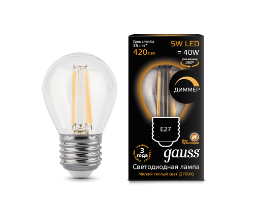 Лампа Gauss LED Filament Globe dimmable E27 5W 2700K