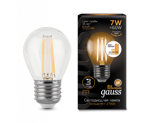 Лампа Gauss LED Filament Globe E27 7W 2700K step dimmable