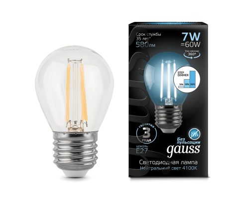 Лампа Gauss LED Filament Globe E27 7W 4100K step dimmable