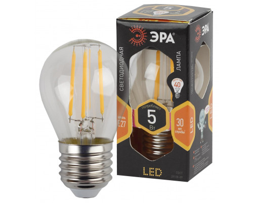 F-LED P45-5W-827-E27 ЭРА (филамент, шар, 5Вт, тепл, E27)