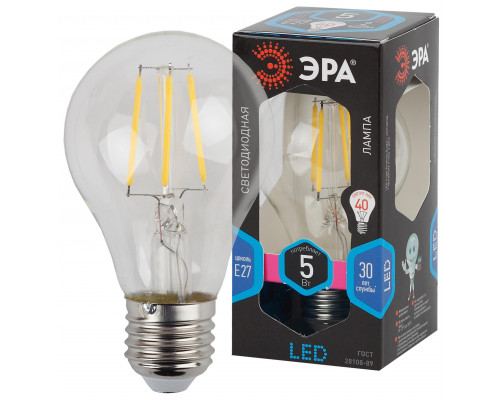 Лампочка светодиодная ЭРА F-LED A60-5W-840-E27 Е27 / Е27 5Вт филамент груша нейтральный белый свет
