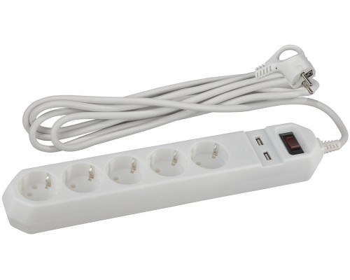 Сетевой фильтр ЭРА  USF-5es-1.5m-USB-W с базовой защитой с заземлением с выключателем 5 розеток 1,5м 2хUSB 10А белый