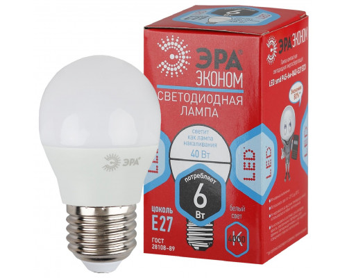 Лампочка светодиодная ЭРА RED LINE ECO LED P45-6W-840-E27 Е27 / E27 6Вт шар нейтральный белый свет