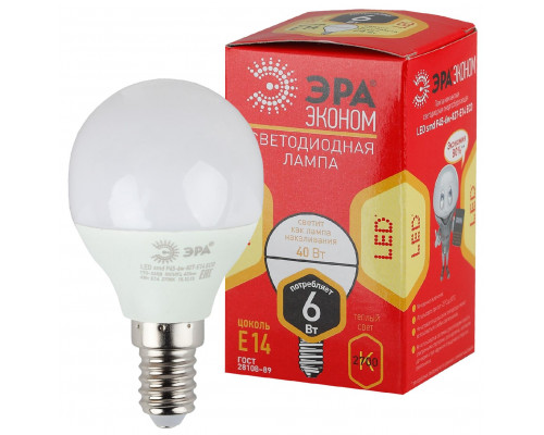 ECO LED P45-6W-827-E14 ЭРА (диод, шар, 6Вт, тепл, E14)