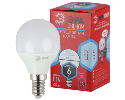 Лампочка светодиодная ЭРА RED LINE ECO LED P45-6W-840-E14 E14 / Е14 6Вт шар нейтральный белый свет