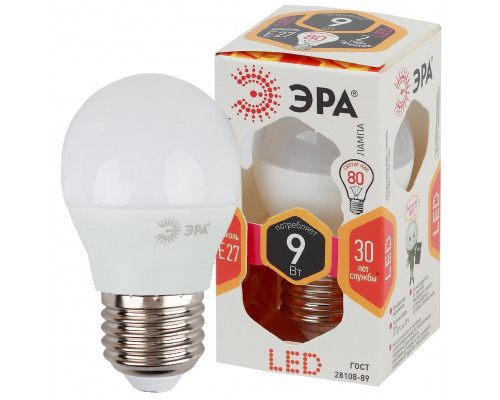 Лампочка светодиодная ЭРА STD LED P45-9W-827-E27 E27 / Е27 9Вт шар теплый белый свет