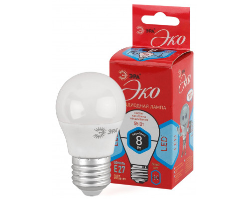 Лампочка светодиодная ЭРА RED LINE ECO LED P45-8W-840-E27 Е27 / E27 8Вт шар нейтральный белый свет