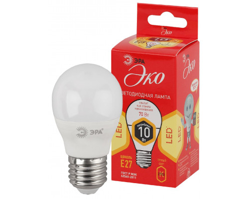 Лампочка светодиодная ЭРА RED LINE ECO LED P45-10W-827-E27 E27 / Е27 10Вт шар теплый белый свет