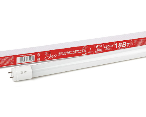 Лампа светодиодная ЭРА RED LINE ECO LED T8-18W-840-G13-1200mm G13 18 Вт трубка стекло нейтральный белый свет