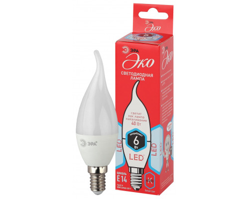Лампочка светодиодная ЭРА RED LINE ECO LED BXS-6W-840-E14 Е14 / E14 6Вт свеча на ветру нейтральный белый свет