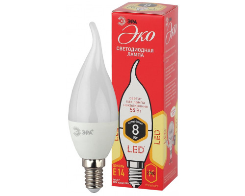Лампочка светодиодная ЭРА RED LINE ECO LED BXS-8W-827-E14 Е14 / E14 8Вт свеча на ветру теплый белый свет
