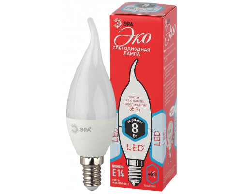 Лампочка светодиодная ЭРА RED LINE ECO LED BXS-8W-840-E14 Е14 / E14 8Вт свеча на ветру нейтральный белый свет