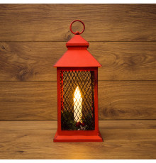 Декоративный фонарь со свечкой, красный корпус, размер 13,5х13,5х30,5 см, цвет теплый белый