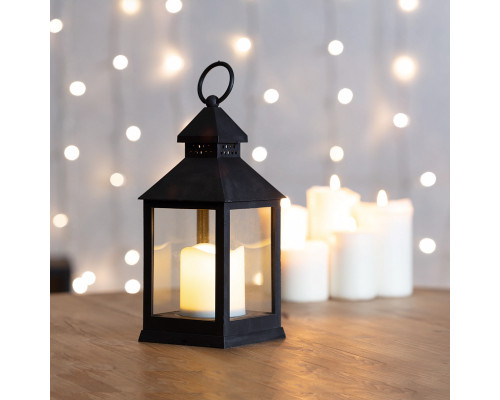 Декоративный фонарь со свечкой, черный корпус, размер 10,5х10,5х24 см,  цвет теплый белый